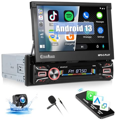 CAMECHO Android 13 2G +64G Single Din Car Stereo 7 Inch Flip Out Touch Screen Bluetooth Car Radio with Carplay Android Auto WiFi Sat Navi GPS SWC FM RDS USB +Backup Camera+MIC