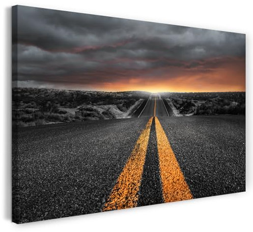 Printistico Leinwandbild (80x60cm) Langer Highway im Sonnenuntergang - Natur Fotografie mit Wolkenhimmel, echter Holz-Keilrahmen inkl. Aufhänger, handgefertigt in Deutschland
