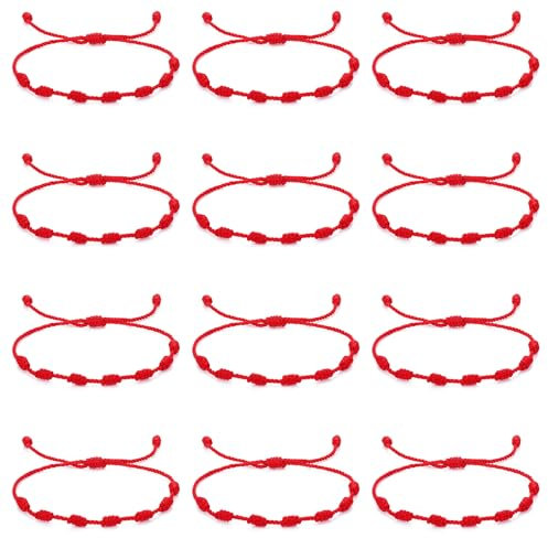 AOZUO Lot de 12 bracelets à cordon rouge, réglable, 7 nœuds, bracelet de protection et porte-bonheur tressé, amulette de cheville pour la protection et la bénédiction