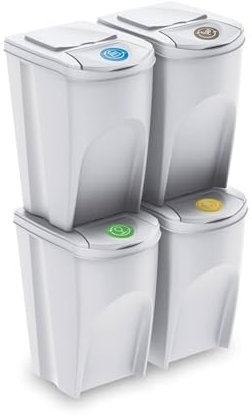 WELL HOME - Set de 4 cubos de basura-papelera reciclaje, blanco roto, 4x 35L