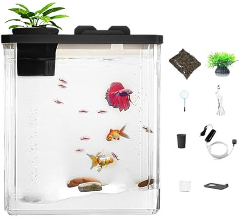 Aquarium-Aquarium – großes Eck-Aquarium, kristallklares Acryl-Aquarium | Geräumiges Aquarium mit Filtersystem und LED-Licht, modernes kompaktes Aquarium, min-Fischtank für Süßwasserfische