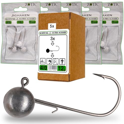 15 Stück Zotic Profi Qualitäts Jighaken mit Baitholder, Jigköpfe, Hecht, Zander, Barsch, Rundkopf, Angelzubehör, Spitz, Scharf, Angel Haken, Box, Großpackung