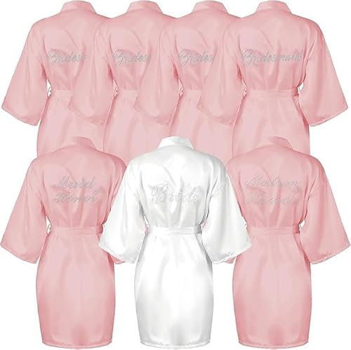 ASMIZ 7 pièces robe de mariée en satin, robe de demoiselle d'honneur, demoiselle d'honneur, kimono peignoir pour enterrement de vie de jeune fille, rose, Taille unique