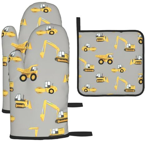 Gants de four et maniques imprimés camion de chantier pour restaurant, cuisine, four à micro-ondes