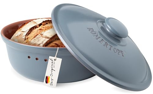 Römertopf Brottopf rund 4,5 L Brotkasten Keramik mit Deckel, Blau-Grau | Ø 30 cm, Platz für 1–2 Laibe oder viele Brötchen, atmungsaktive glasierte Keramik, spülmaschinengeeignet, seit 1967