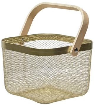 Trendi Metal Mesh Wire Storage Basket with Wooden Handle| Versatile Stackable Organizer for Kitchen, Pantry, Office, and Bathroom| Multi-Purpose Durable Storage Solution (Gold Mesh Basket)