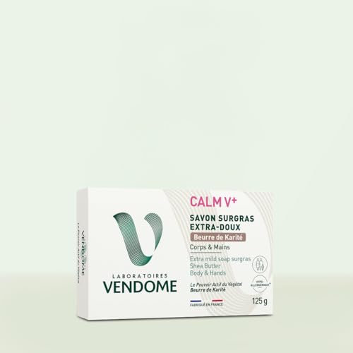 LABORATOIRES VENDÔME - CALM V+ - Savon Surgras Extra-Doux Beurre De Karité - Nettoie & Laisse La Peau Douce - Formule Hypoallergénique - Enrichi En Huile D'Olive - Tous Types De Peaux - 125g