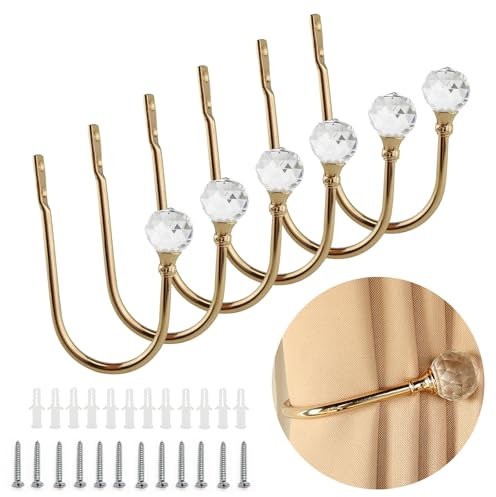 Coolnice 6 Pezzi Ganci Fermatende Decorativi Tenda Ganci Fermatende,a Muro Ganci a U Fermatenda, Diamante di Cristallo Metallo Supporto, per Soggiorno Camera da Ufficio Sala da Pranzo-Oro
