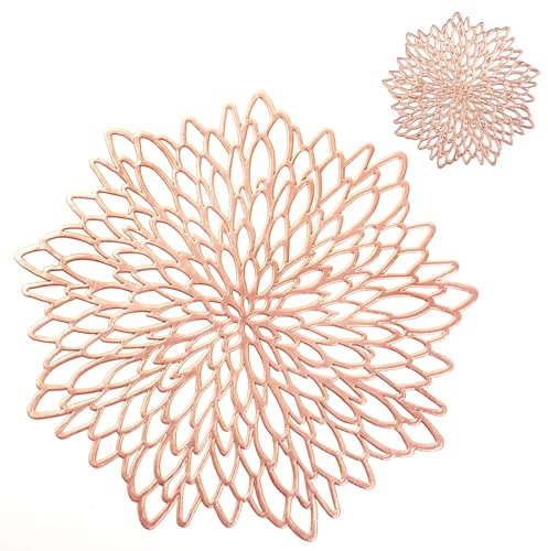 MI CASA Placemats and Coaster Set of 6, Rose Gold Round Table Placemats Dining Table Mats Heat Resistant Anti-slip and Washable Place Mats for Christmas, Wedding, Dinner Parties, Restaurant, Hotel