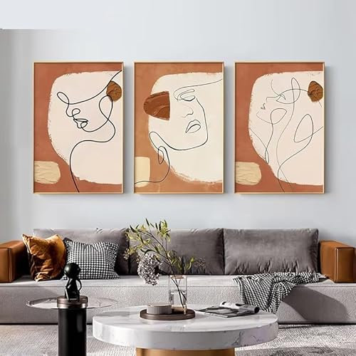 Nordische Figuren Linie Frau Gesicht Wand Kunst Leinwand Gemälde Abstrakte orange Plakate druckt Bilder für Wohnzimmer Home Decoration Kein Rahmen-40x50cmX3