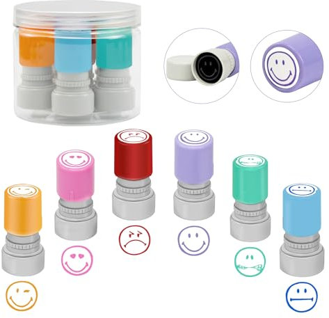 Qcdou Stempel Lehrer Selbstfärbender, 6 Stück Stempel Kinder, Selbstfärbende Smiley, Bunte Cartoon Emoji Motivationsstempel, Schule/Familien/Kindergarten Bildung Lehrhilfen(A)