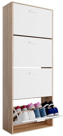 CASABEL Meuble de Rangement à Chaussure 24 Paires - Armoire Etagere Grande Capacité pour Entree, Couloir - L60xP24xH150 cm - Blanc Bois Clair