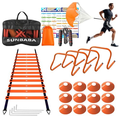 Sunbaba Agility Ladder Speed Training Equipment Set with 20ft Agility Ladder,4 Hurdles,12 Cones,Jump Rope,Running Parachute-Ideal Training Equipment for Youth Adults in Soccer Football Basketball
