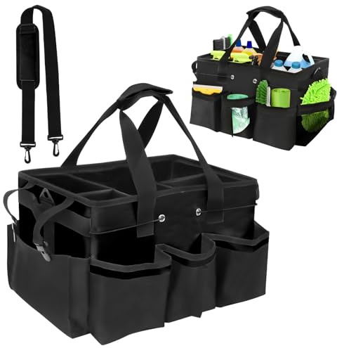 Cleaning Caddy with Handle, Cleaning Caddy Bag with Adjustable Shoulder Strap, Cleaning Bag for Cleaning Products Organiser, for Housekeepers, Housekeeping and Car Storage (Black)