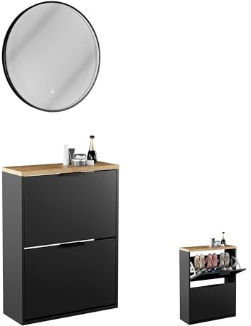 Planetmöbel Schuhschrank schmal, runder Spiegel mit Beleuchtung | 60 cm, (3 Lichtstufen) Schuhkommode mit 2 Klappen Schuhregal mit 4 Ablagen, Garderobe Set, 60 x 23 x 80,5 cm, schwarz