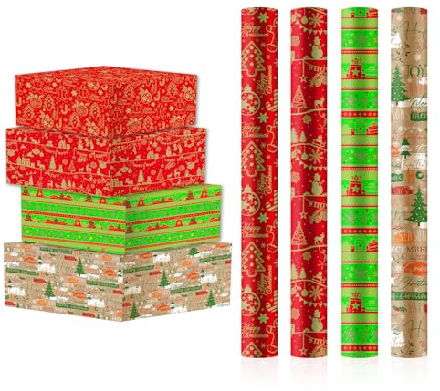 Geschenkpapier Weihnachten, 4 Rollen 43cm X 500cm Recycelbares Weihnachtsgeschenkpapier, Weihnachts Geschenkpapierrolle, Christmas Wrapping Paper, für Weihnachten, Geburtstag, Geschenkverpackung