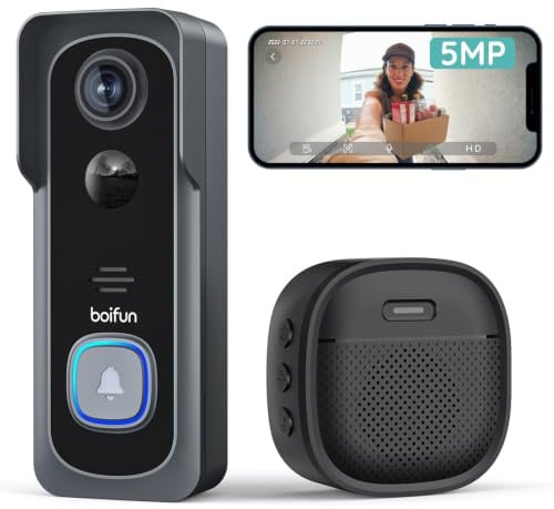 BOIFUN Video-Türklingel mit Kamera 2K＋HD, 166° Weitwinkel, Nachtsicht | Alexa-kompatibel, Nachtsicht, PIR Bewegungserkennung, 2-Wege-Audio, SD- & Cloud-Speicher, mit Chime, 2.4GHz, Schwarz