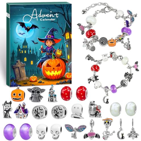 2026 Adventskalender Halloween Countdown Kalender mit DIY Charm Armband | Glow in the Dark & Katzenauge, Perlen, Überraschung, Halloween, Weihnachten, Schmuck, Geschenk für Kinder, Mädchen, Tochter