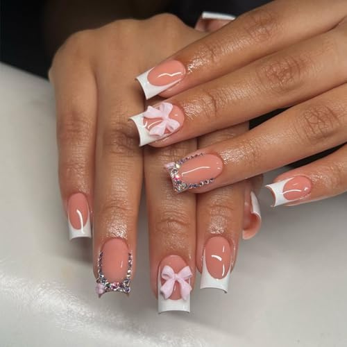 24Pcs French Tip Press On Nails - Nude Pink Square False Nails with Bow Rhinestone Design - Full Cover Glossy Stick On Fake Nails for Women Girls Elegant Nail Art