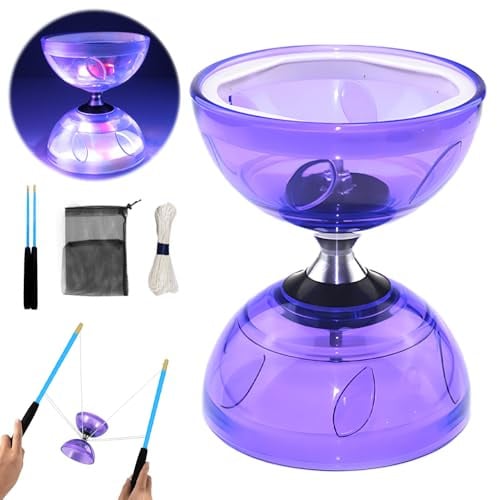 LED Diabolo mit Kugellager, 4,5mm DiaBolo Freiläufer mit Kugellager Dreifache Lagerung Set, Diablo Jonglierspielzeug mit Jonglierbällen, Jonglierbälle Kinder für Anfänger Profis, Rot (Lila)