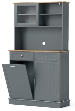 COSTWAY Armario Alacena de Cocina con Puerta Abatible para Basurero, Aparador Cocina con Encimera de Madera de Caucho, Mueble Auxiliar Salón con Estantes Ajustables, 2 Cajones, 100x34x172 cm (Gris)