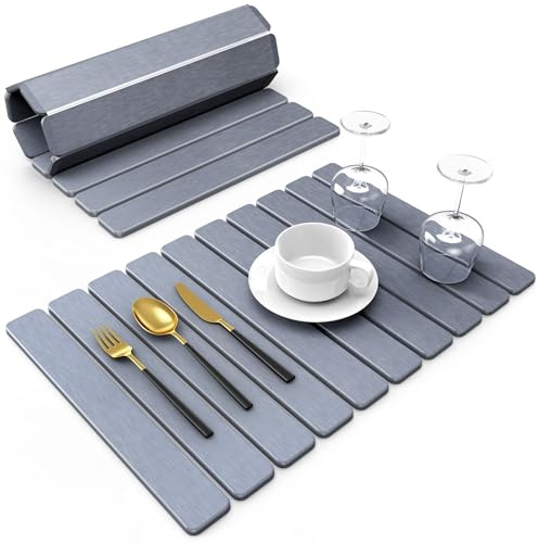 DK177 60x40 cm Large Stone Drying Mat for Kitchen Counter, Foldable Space Saving Quick Dry Stone Mat Kitchen, Absorbent Diatomaceous Stone Bath Mat for Kitchen Dishes Earth (Dark Gray)