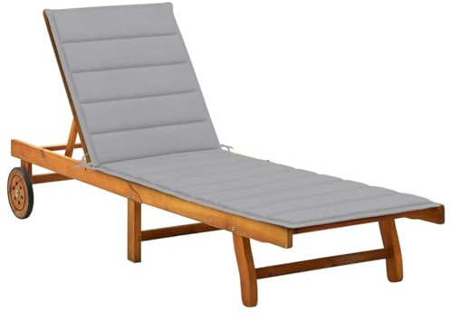 WGYHOME Sonnenliege Akazie Massivholz grau 200x63x85 cm mit Verstellbarer Lehne & Fußstütze, ausziehbarer Ablage und Auflage – für Garten, Terrasse, Balkon & Pool