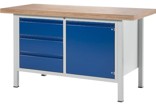 RAU | Werkbank | Gestellbauweise | 3 Schubladen | 1 Tür | Plattenbreite 1500 mm | enzianblau