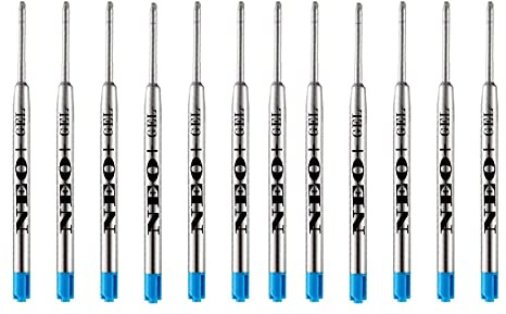 NEO+ Ballpoint Gel Metal Pen Refills, Fine Point 0.5mm. Compatible with Parker Ball Pen. 12 x Blue Gel Ink.