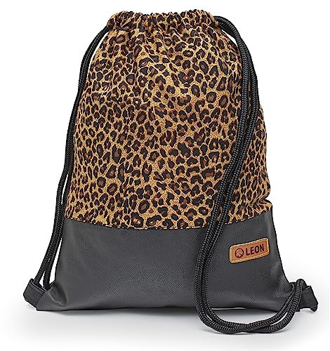 By Bers Leon großer Premium Turnbeutel mit Innentaschen Rucksack Tasche Damen Herren Teenager Gym Bag Draw String 45x34cm für Sport Reise Alltag Einkauf (Leopard_Kupfer)