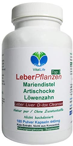 Leber Kräuter Vital TOP 3 Leber KUR Pflanzen 180 Kapseln Mariendistel Artischocke Löwenzahn. Leber/Galle Fettverdauung. Reinigen Entgiften Entschlacken. OHNE Zusatzstoffe. 26477-180