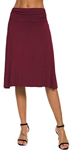 EXCHIC Damen Sommer Hohe Taille A-Linie Knielang Rock Elegant Elastisch Midi Yoga Röcke (M, Wein Rot)