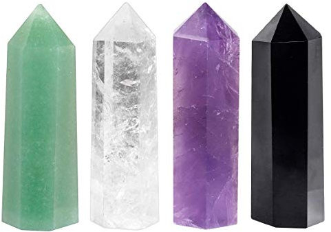 mookaitedecor Natural Healing Crystal Wands Set of 4, Quartz Crystal Stone Point for Chakra Meditation Wiccan Witchcraft Decor Gift, Amethyst & Clear Quartz & Green Aventurine & Black Obsidian