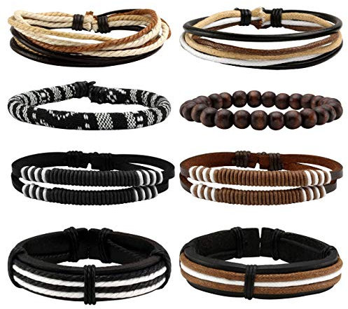 Manfnee 8PCS Geflochtenes Kunstlederarmband Punk Cuff Wrap Armbänder für Männer Frauen Verstellbar