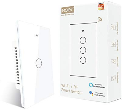MOES Interrupteur mural intelligent WiFi tactile 2,4 GHz - Câble neutre - Contrôle multiple à 3 voies - Fonctionne avec l'application Smart Life/Tuya - Contrôle