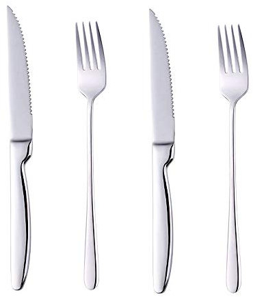 BISDARUN Steak Cutlery Set - Silver Serrated Steak Knives X2 and Forks X2, Serves 2 - Stainless Steel, Dishwasher Safe