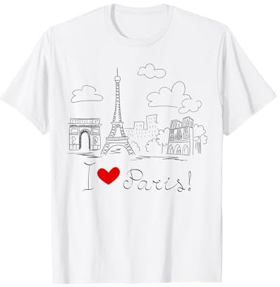 I Love Paris Cityscape Chemise à dessin à la main Motif paysage de Paris T-Shirt