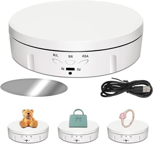 MQFORU Motorized Rotating Display Stand, 360 Degree Turntable Display Stand for Photography Products Shows, Toys, Jewelry, Craft fairs, Battery/USB Power Supply 5.74inch /22LB(10kg) Load (White)
