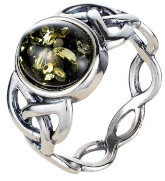 HolidayGiftShops Ringgröße aus Sterlingsilber mit baltischem grünem Bernstein und keltischen Knoten für Erwachsene 17.25