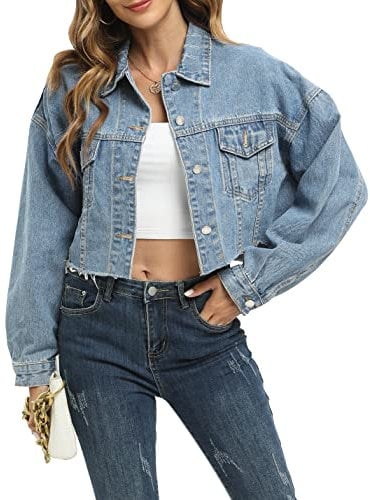 Gacaky Women's Ripped Distressed Button Up Puff Sleeve Cropped Denim Jacket, Blue, Medium