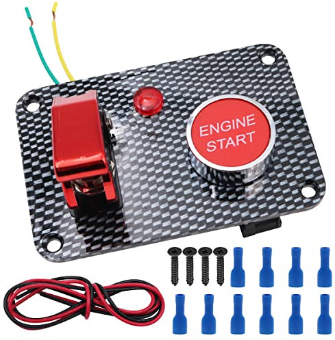 Tiardey Fibra de carbono Coche de carreras 12V Interruptor de encendido Panel Botón de arranque del motor Botón LED rojo Alternar - Rojo