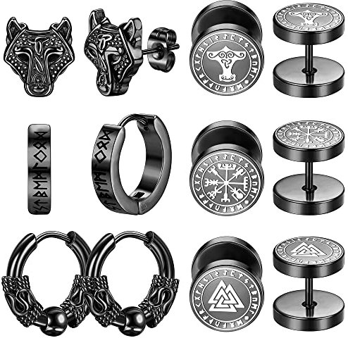 Dochais 6 Paar Set Damen Ohrringe Männer Ohrstecker,Ohrringe Wikinger Viking Rune Wolfskopf Kompass,10-12mm Edelstahl Ohrringe Tunnel Plug Ohrringe Creolen Ohrstecker für Damen Herren (Schwarz)