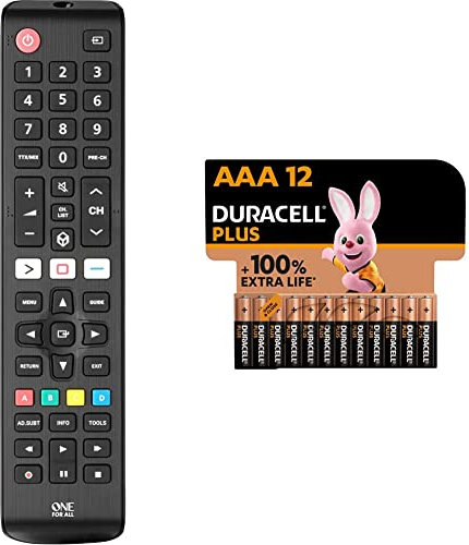 One For All Samsung TV Replacement remote – Works with ALL Samsung TVs – Learning feature -URC4910, black & Duracell Plus AAA Alkaline Batteries [Pack of 12], 1.5V LR03 MN2400