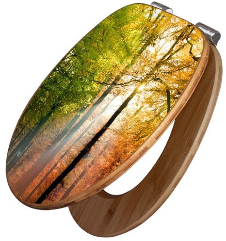 banjado Design WC Sitz Bambus Absenkautomatik 45,8x37,5cm / Toilettendeckel mit Absenkautomatik Holz/hochwertiger Bambus Klodeckel/WC-Sitz für gängigen Toiletten/Motiv Herbstwald