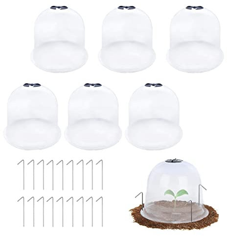 MAXHJX 6Pcs Reusable Garden Plant Cloche, Plant Dome Bell Cover Plastic Mini Greenhouse for Warming Garden Soil Plants Frost Protect with 18pcs Securing Pegs