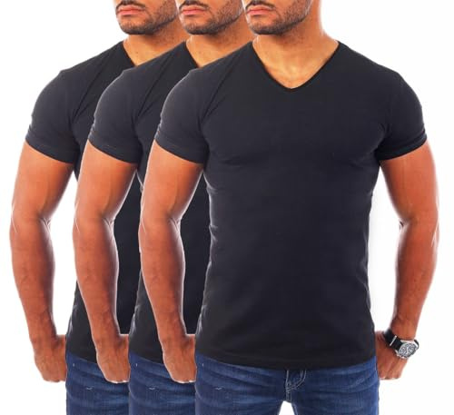 Young & Rich Herren Uni T-Shirt mit V-Ausschnitt Basic V-Neck Tee mit Stretchanteilen einfarbig Slim fit 1700