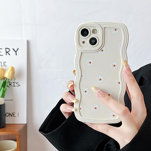 ZTOFERA Case for iPhone 13, Cute Curly Wave Frame Daisy Pattern Liquid Silicone Case, Flexible Shockproof Protective Bumper Cover for iPhone 13 6.1 - Beige
