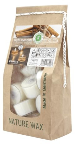 Wenzel Teelichter Duftkerze – 18 Duftteelichter Cinnamon & Spices Duft - 7 h Brenndauer - 100% Naturwachs, Palmölfrei, Ohne Alu – Raumduft & Deko-Kerzen für Zuhause, Bar, Restaurant, Outdoor, Events