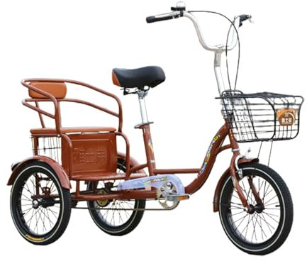 UPIKIT 16 Zoll Pedal Dreirad Dreirad Senioren Leichtes Dreirad Mit Korb Und Rücksitz Erwachsene Freizeit Fahrrad Für Shopping Outdoor Picknick Strand,One Size,Brown
