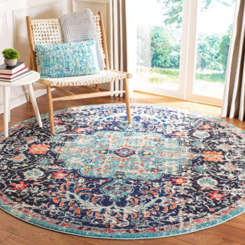 Safavieh Tapis Boho pour Salon, Salle à Manger, Chambre à Coucher - Madison Collection, Tapis à Poil Court, Noir et Sarcelle, 122 x 122 cm